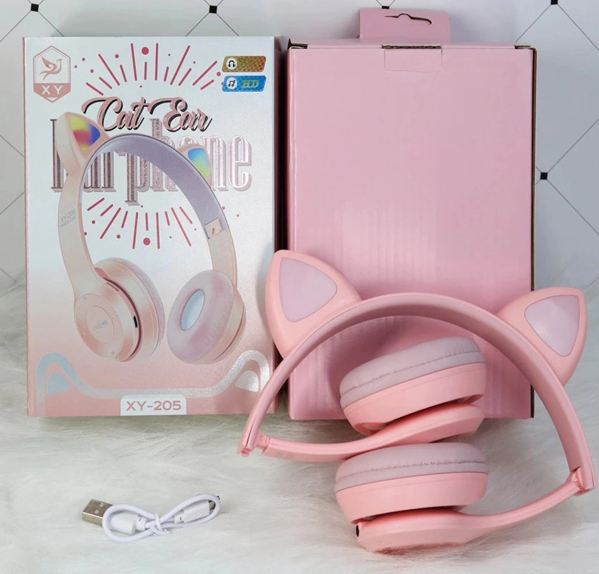Audifonos Diadema Gato Rosas Extra Bass Luces Bluetooth Inalambricos XY-205