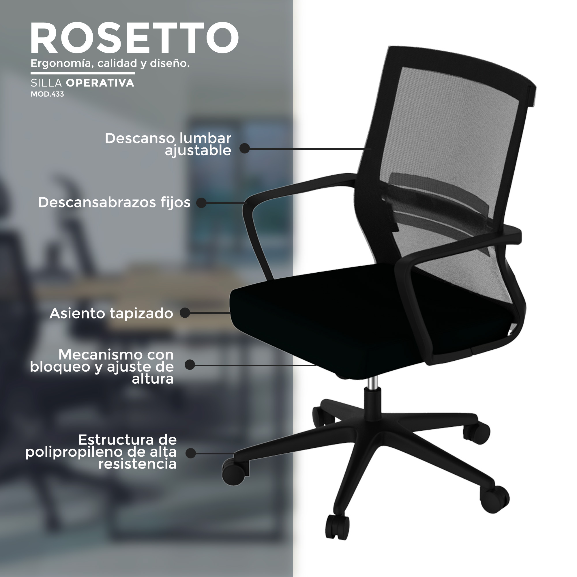 Línea Italia Silla de Escritorio Rosetto Z433N / Altura Ajustable con Descansabrazos, Estructura Giratoria de HDPP. Respaldo en Malla y Asiento Tapizado Color Negro | Ideal para Oficinas, Home Office y Espacios de Trabajo.
