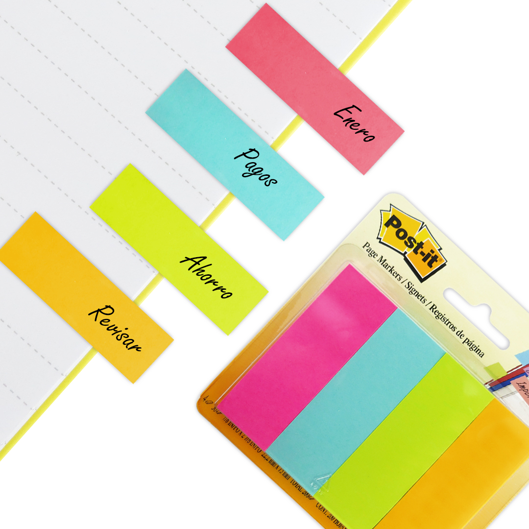 BANDERITAS ADHESIVAS DE PAPEL POST-IT 3M 4 COLORES 22.2mm x 73mm