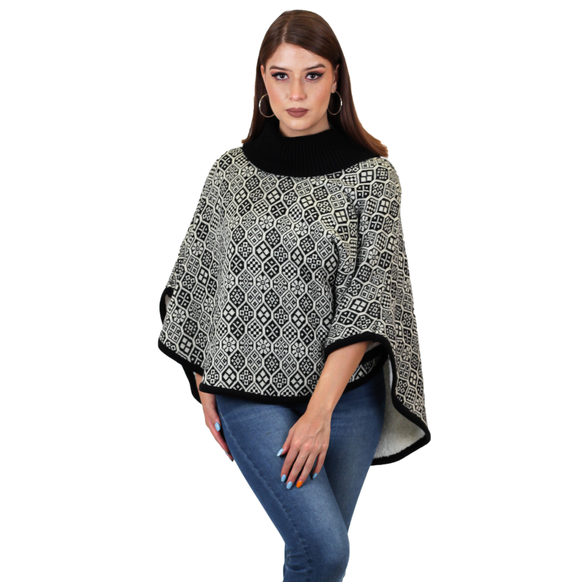 Poncho En Tejido De Punto Con Forro Para Mujer 36 - Negro