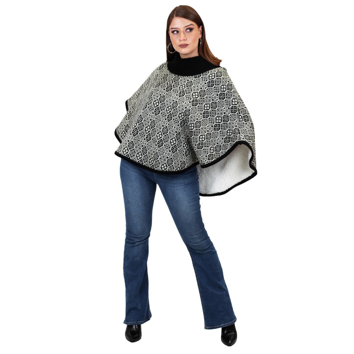 Poncho En Tejido De Punto Con Forro Para Mujer 36 - Negro