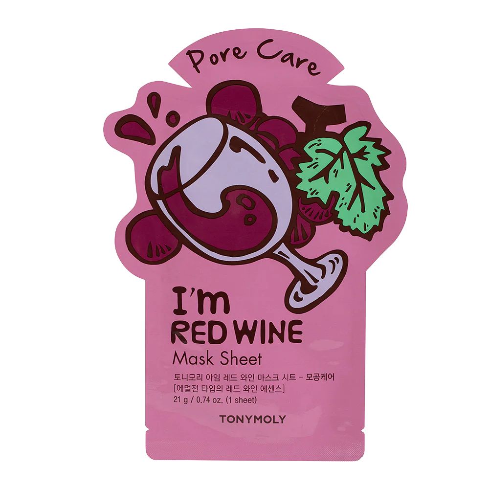 Red wine mask sheet Mascarilla de vino tinto para el cuidado de los poros