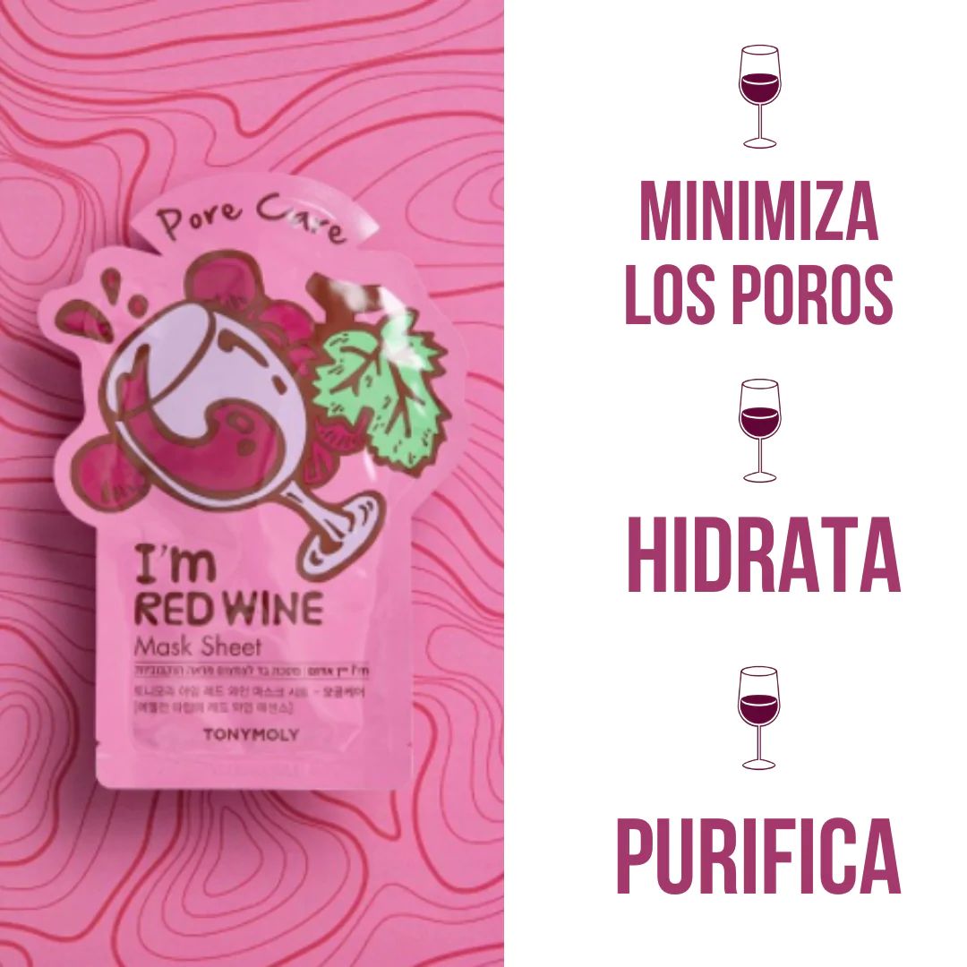Red wine mask sheet Mascarilla de vino tinto para el cuidado de los poros