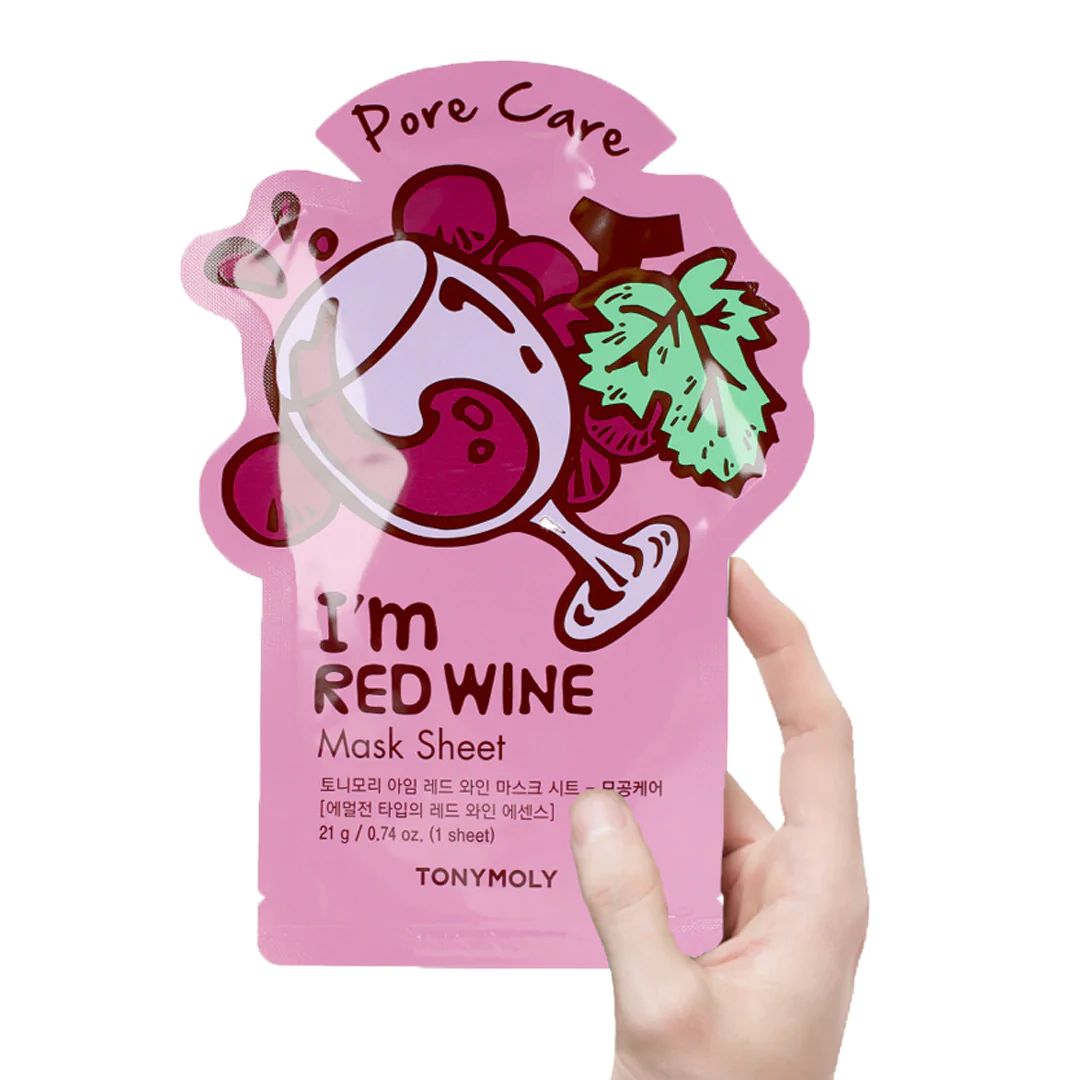 Red wine mask sheet Mascarilla de vino tinto para el cuidado de los poros