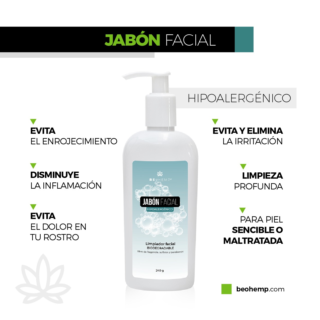 Jabón facial hipoalergénico para piel rosácea, dermatitis 250 g Beohemp