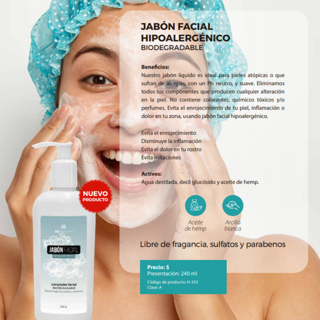 Jabón facial hipoalergénico para piel rosácea, dermatitis 250 g Beohemp