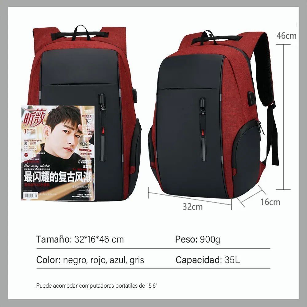 Mochila Para Laptop Con Puerto Y Cable Usb Negro con Rojo