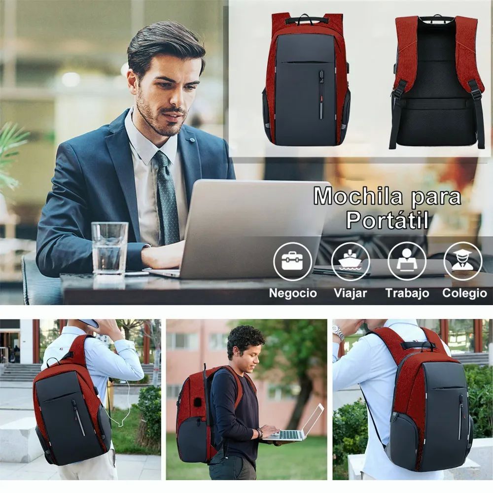 Mochila Para Laptop Con Puerto Y Cable Usb Negro con Rojo
