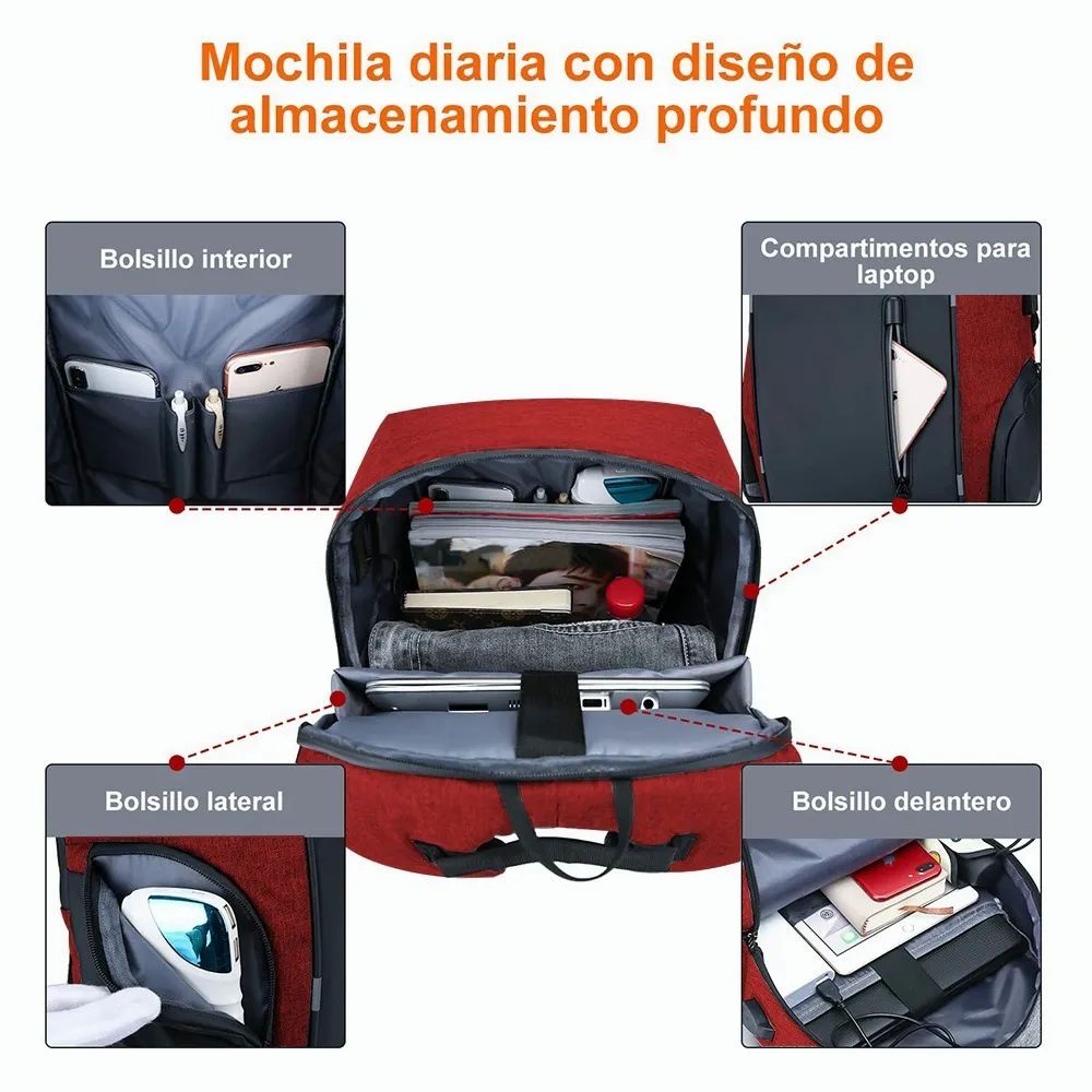 Mochila Para Laptop Con Puerto Y Cable Usb Negro con Rojo