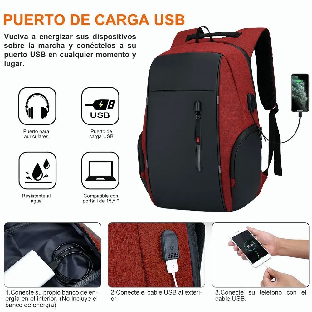 Mochila Para Laptop Con Puerto Y Cable Usb Negro con Rojo