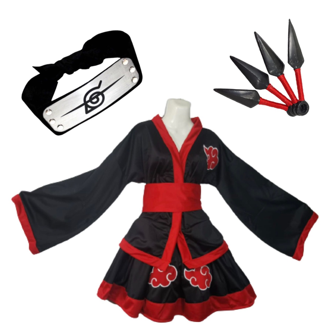 Cosplay Naruto Combo Vestido Akatsuki Mujer Nubes + Banda Itachi + 4 Kunais Sasori Conjunto Falda Saco Unitalla Dama
