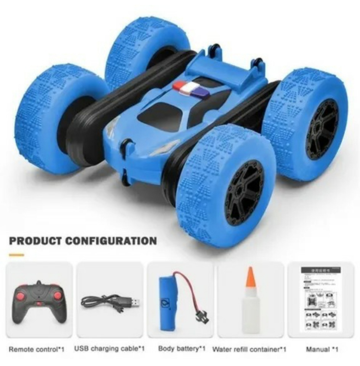 Stunt Car Azul Spray Carro Acrobático Radio Control Rota Y Camina