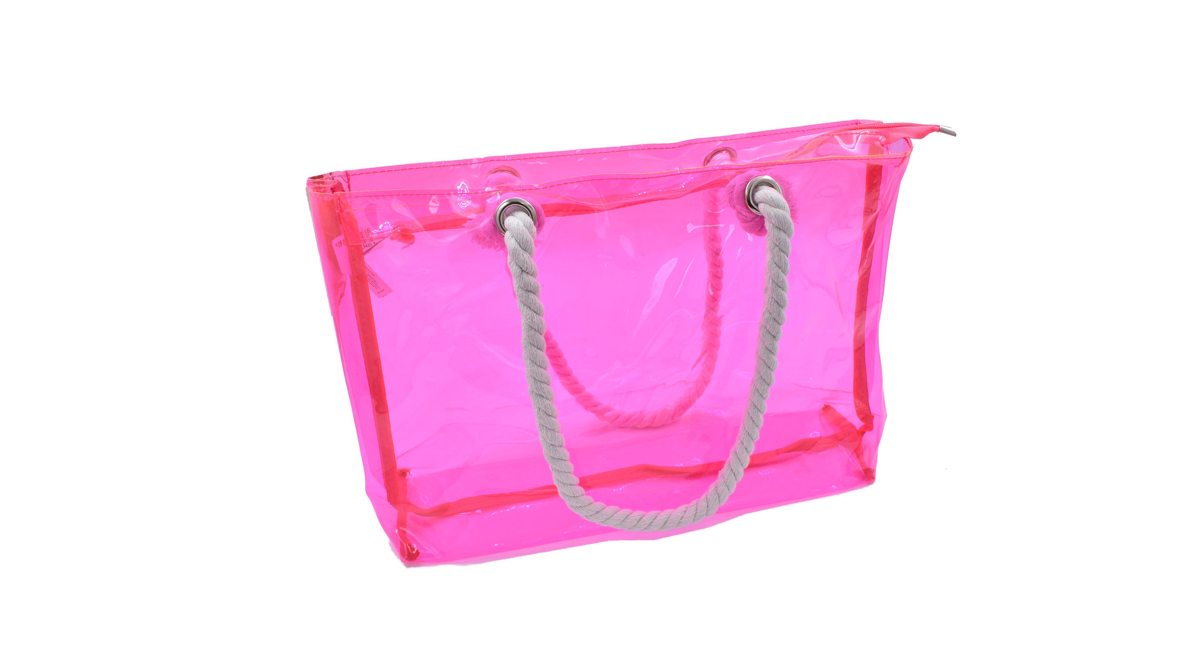 Bolsa de playa transparente con base de red color rosa