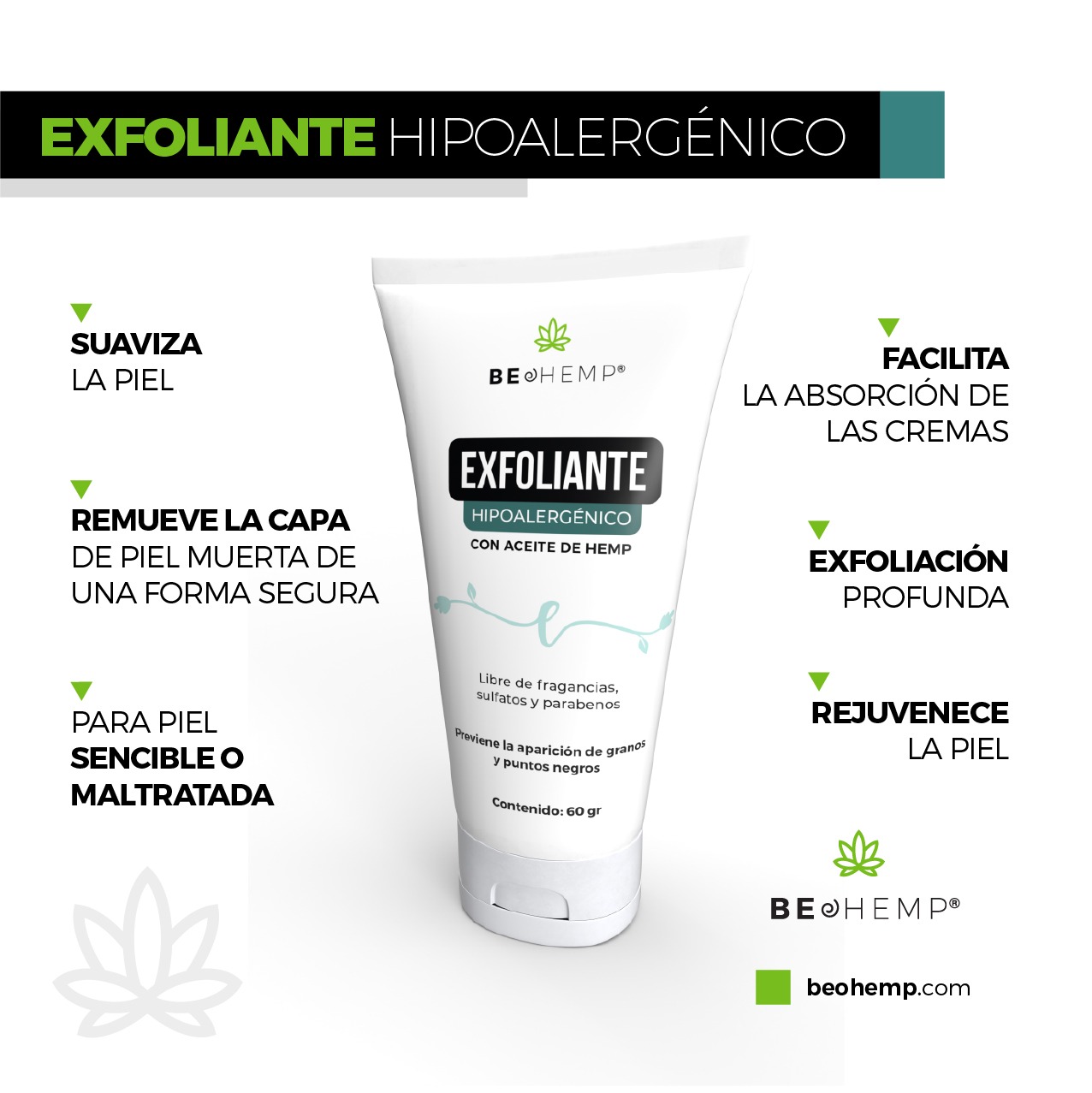 Exfoliante para piel rosácea o delicada en presentación crema 60 ml Beohemp
