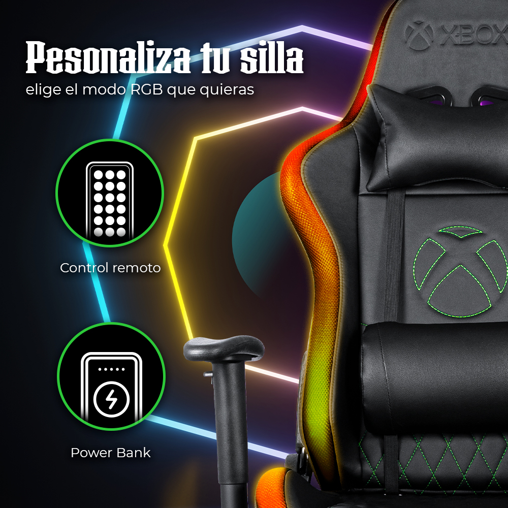 Silla Gamer Xbox Luces LED RGB Negro Descanzabrazos 2D Asiento reclinable con elevación y ruedas silenciosas 360