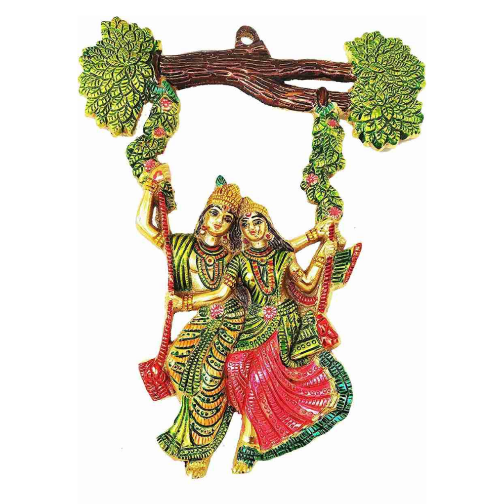 Colgante de pared Radha Krishna en columpio: placa colorida para templo casero - India Tienda