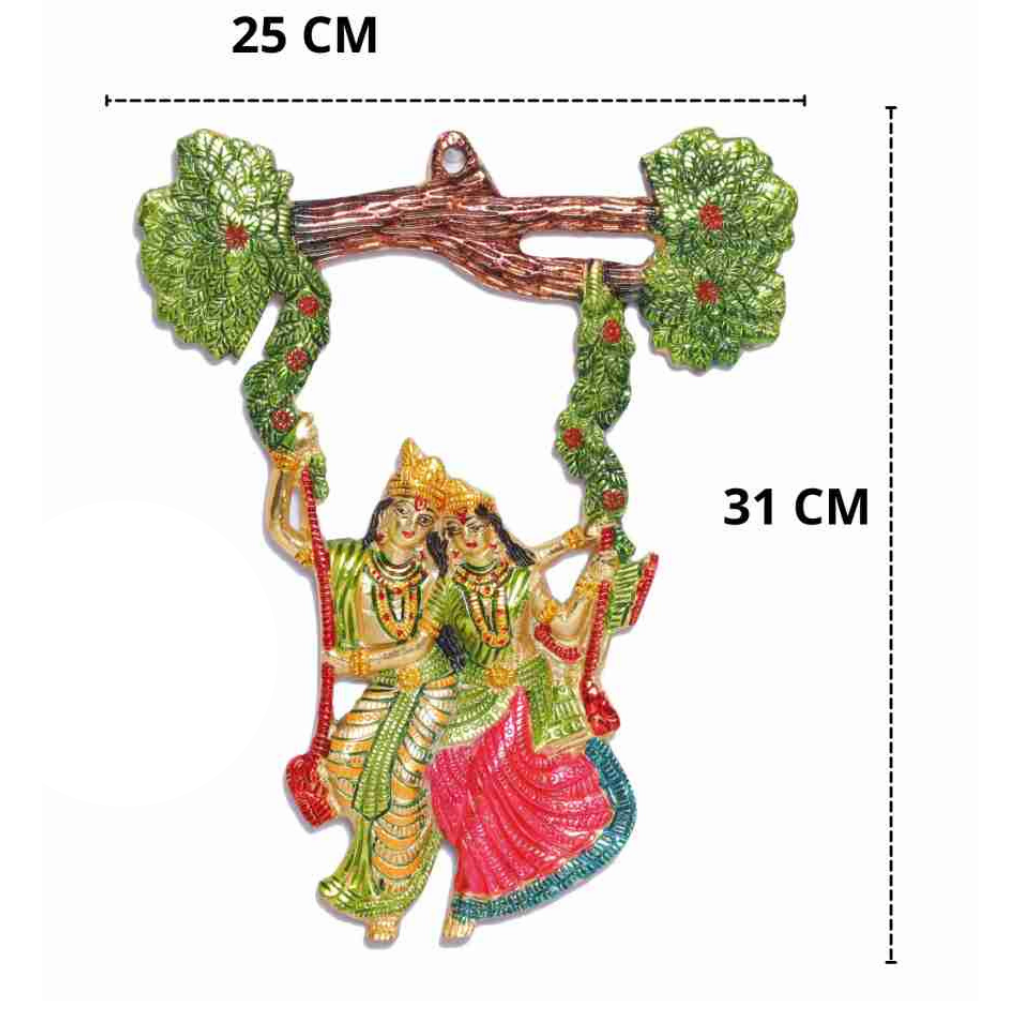 Colgante de pared Radha Krishna en columpio: placa colorida para templo casero - India Tienda