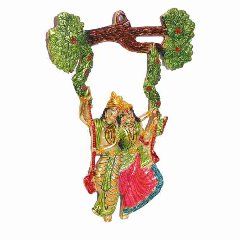 Colgante de pared Radha Krishna en columpio: placa colorida para templo casero - India Tienda