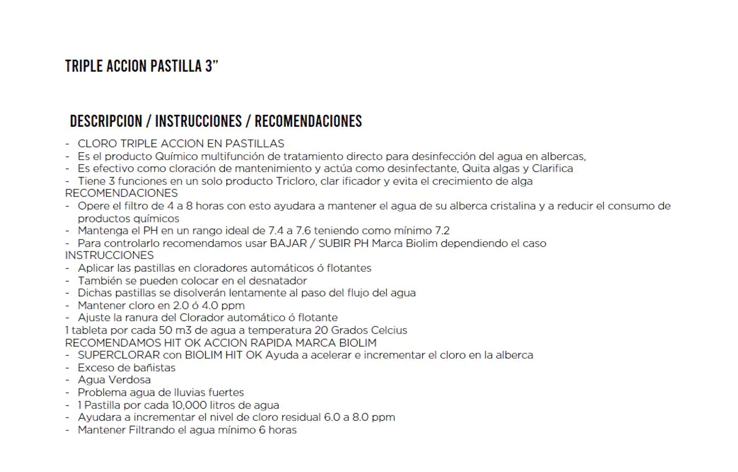 1 Kg De Pastillas de Cloro Para Alberca Piscina Familiar Intex, Bestway, Infantil Tubular TRIPLE ACCION PASTILLA 3" Marca Biolim