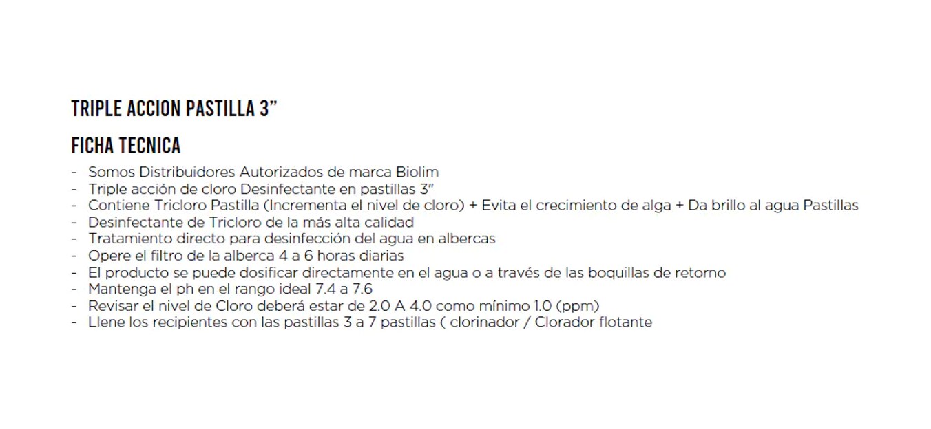 1 Kg De Pastillas de Cloro Para Alberca Piscina Familiar Intex, Bestway, Infantil Tubular TRIPLE ACCION PASTILLA 3" Marca Biolim