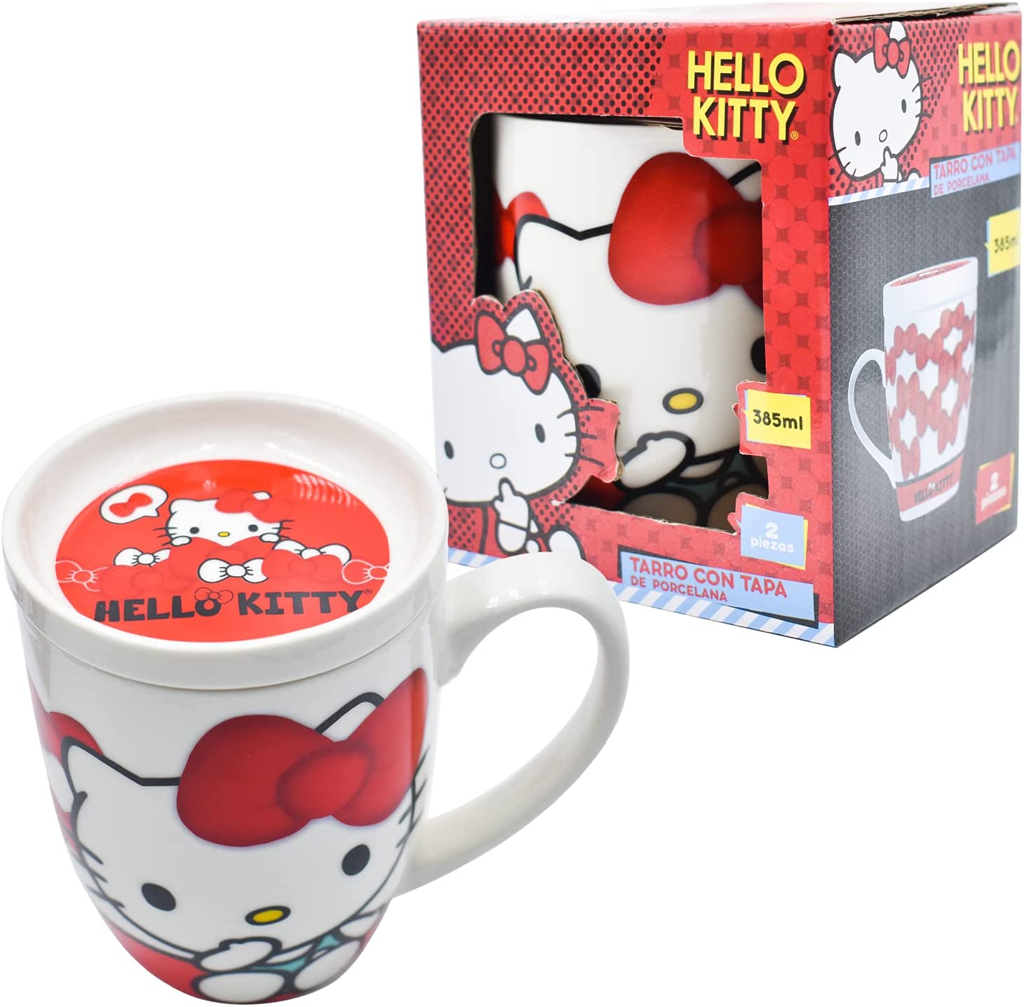 Sanrio 1754-23 Taza Tarro Hello Kitty de Porcelana Con Tapa Original 385 ml