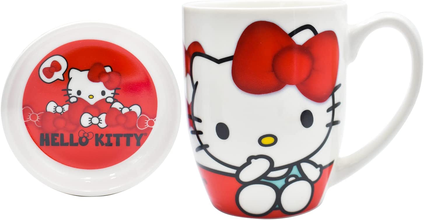 Sanrio 1754-23 Taza Tarro Hello Kitty de Porcelana Con Tapa Original 385 ml