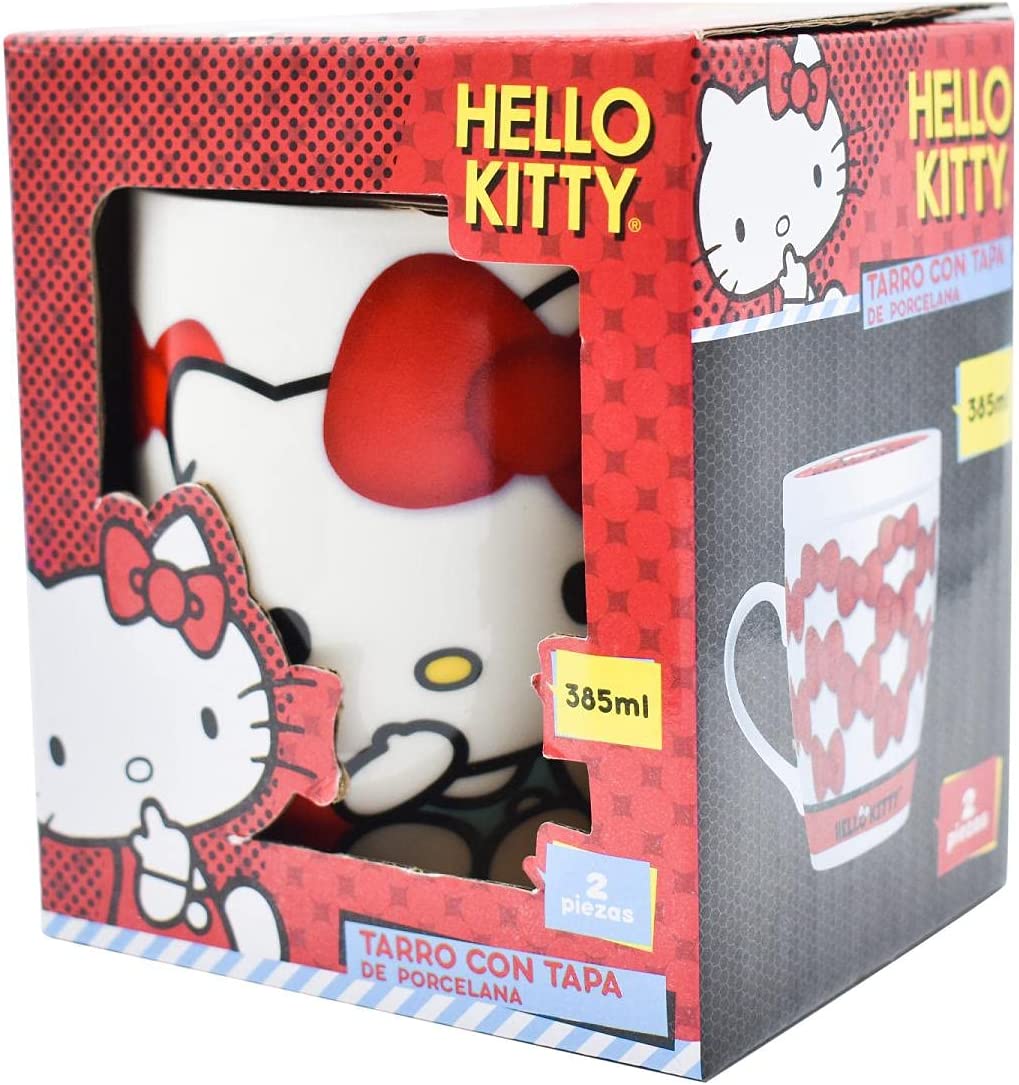 Sanrio 1754-23 Taza Tarro Hello Kitty de Porcelana Con Tapa Original 385 ml