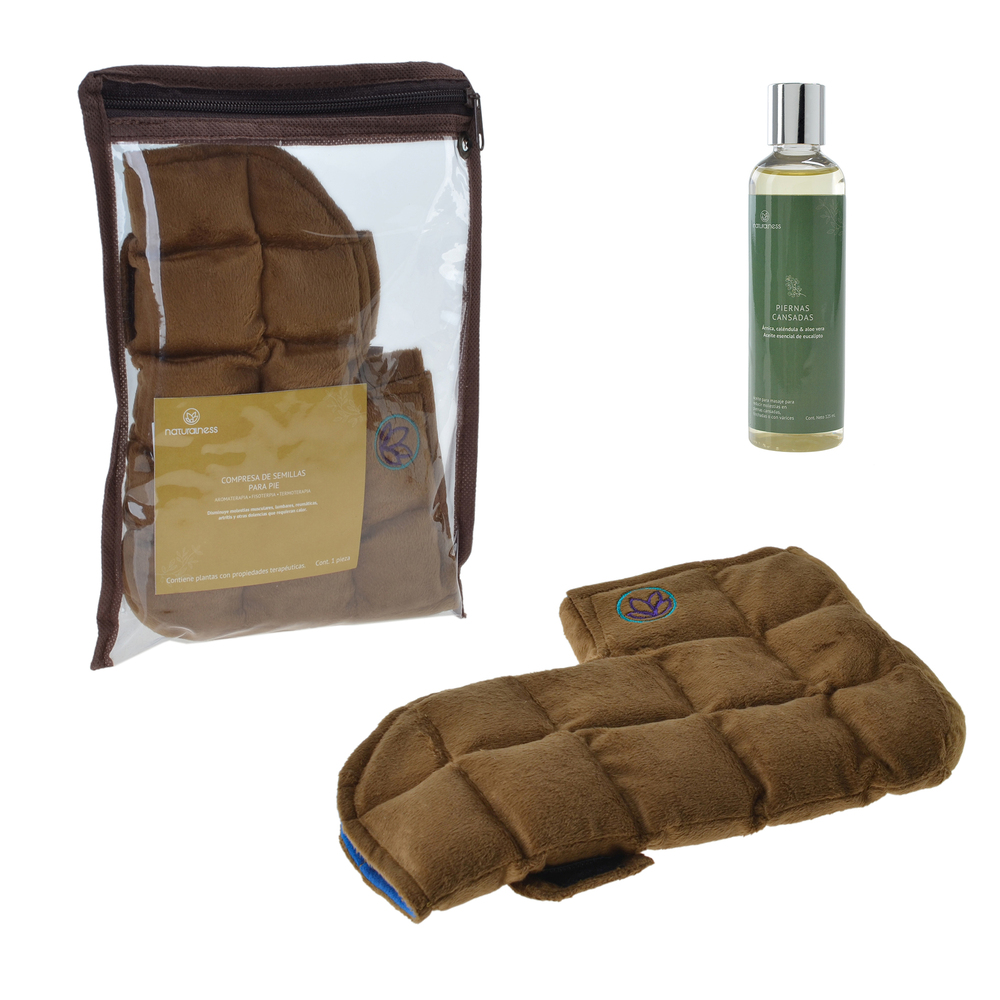 Paquete. Compresa Para Pie y Tobillo. Elaborada con Semillas y Plantas Medicinales - Línea Ortopédica Ideal para Rehabilitación, Fisioterapia y Descanso (Compresa Pie Chico + Aceite 125 ml)