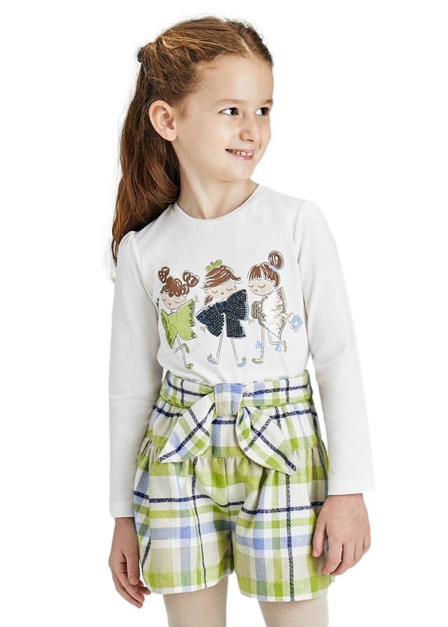 Conjunto playera manga larga muñecas y falda pantalón cuadros niña marca Mayoral