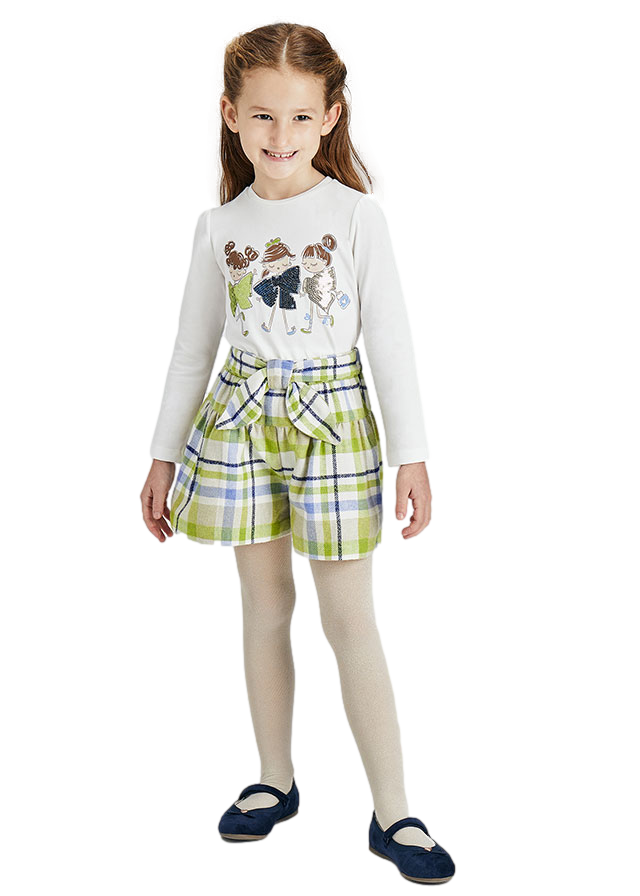 Conjunto playera manga larga muñecas y falda pantalón cuadros niña marca Mayoral