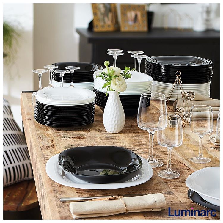 Luminarc 307-5147/5157E Juego Set Vajilla Moderna Minimalista de Vidrio Opal 18 Piezas Para 6 Personas Negro y Blanco