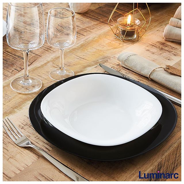 Luminarc 307-5147/5157E Juego Set Vajilla Moderna Minimalista de Vidrio Opal 18 Piezas Para 6 Personas Negro y Blanco