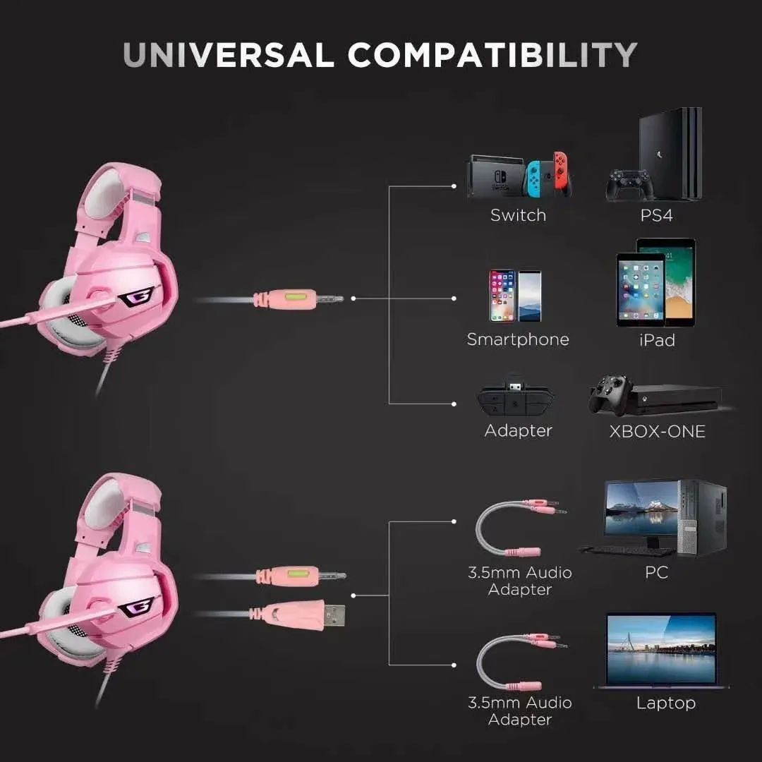 Audifonos gamer con microfono y luz led Onikuma K5 rosa