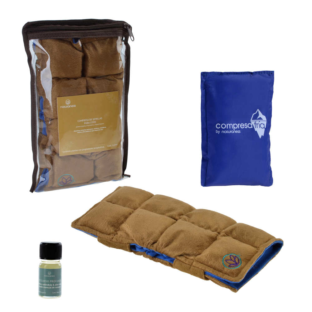Paquete-Compresa térmica para Codo y gel para terapia fría. Elaborada con semillas y plantas medicinales - Línea Ortopédica Ideal para Rehabilitación, Fisioterapia y Descanso (Compresa + pack gel)