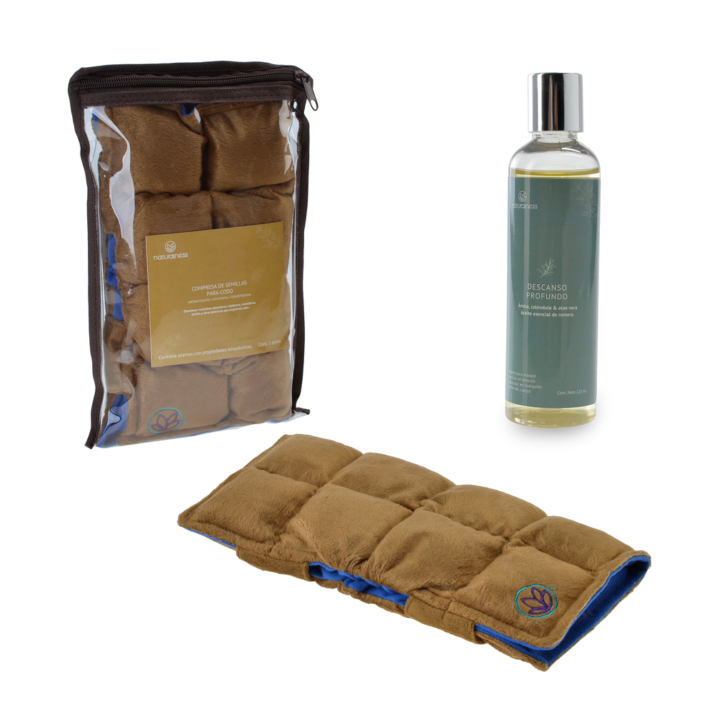 Naturalness - Compresa térmica para Codo Elaborada con Semillas y Plantas Medicinales - Línea Ortopédica Ideal para Rehabilitación, Fisioterapia o Descanso (Compresa + Aceite para masaje  125 ml)
