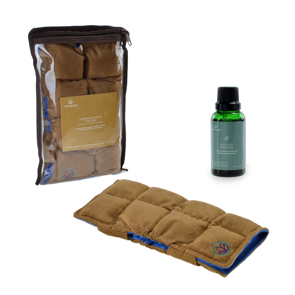 Paquete-Compresa de semillas para Codo. Elaborada con Semillas y Plantas Medicinales -Y Aceite para masaje Descanso Profundo de 30 ml (Compresa + Aceite 30 ml)
