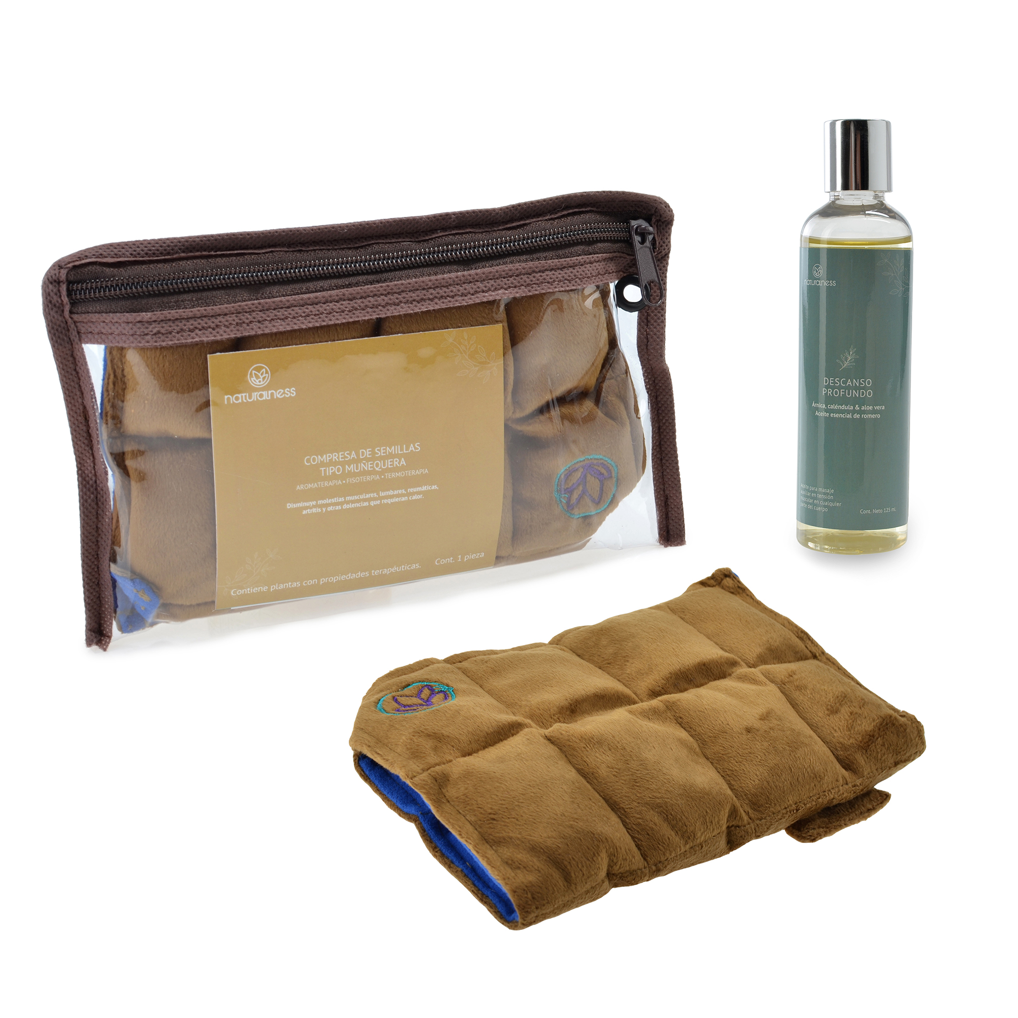 Naturalness - Compresa caliente Para Muñeca. Elaborada con Semillas y Plantas Medicinales - Línea Ortopédica Ideal para Rehabilitación, Fisioterapia o Descanso (Compresa + Aceite para masaje 125 ml)