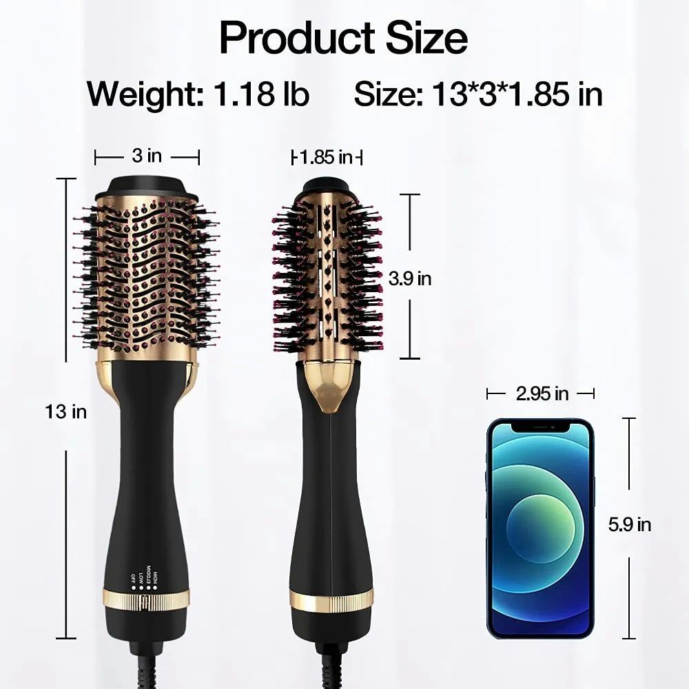 Cepillo Secador De Cabello Giratorio Alisado Negro con Dorado 