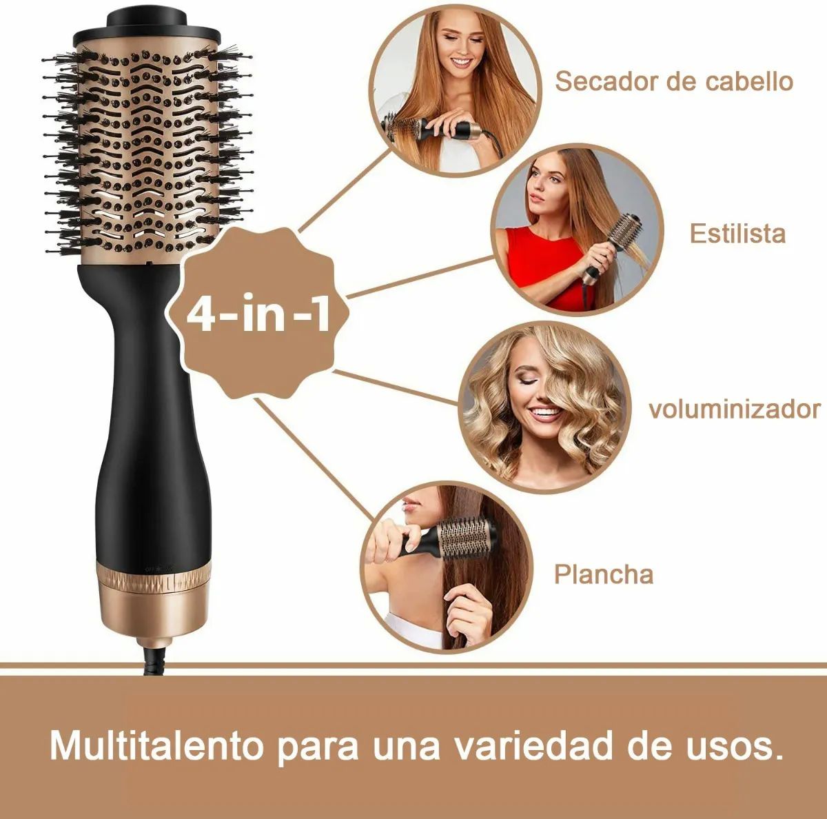 Cepillo Secador De Cabello Giratorio Alisado Negro con Dorado 