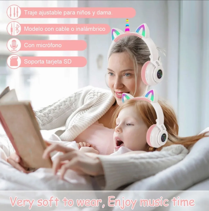 Audifonos Diadema Unicornio Extra Bass Luces Bluetooth Inalambricos