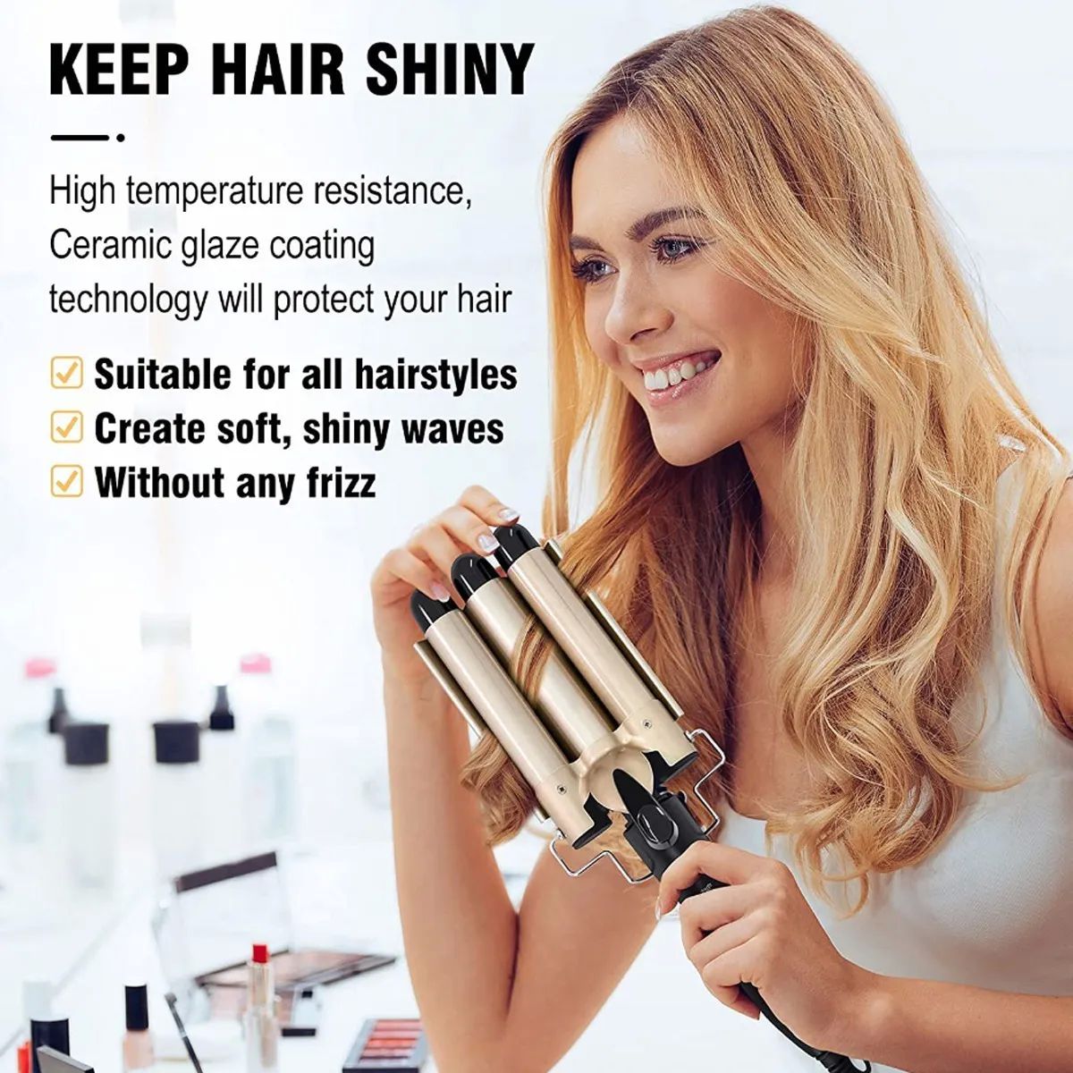 Plancha Rizadora Tenaza Cerámica Cabello 3 Barrel Rizos Dorada