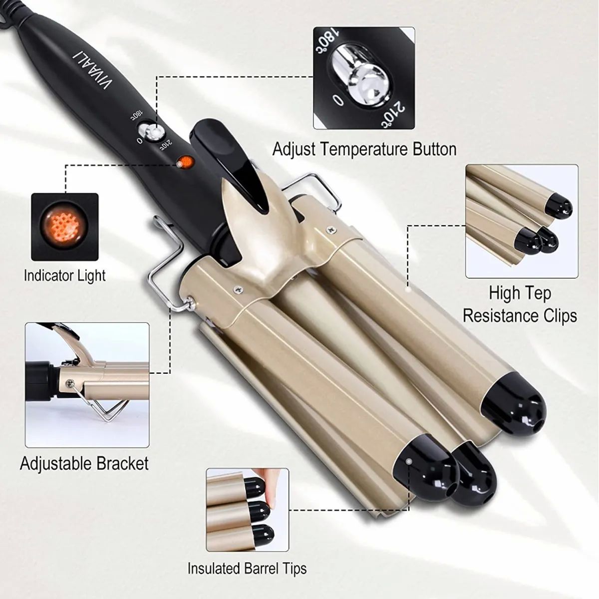 Plancha Rizadora Tenaza Cerámica Cabello 3 Barrel Rizos Dorada