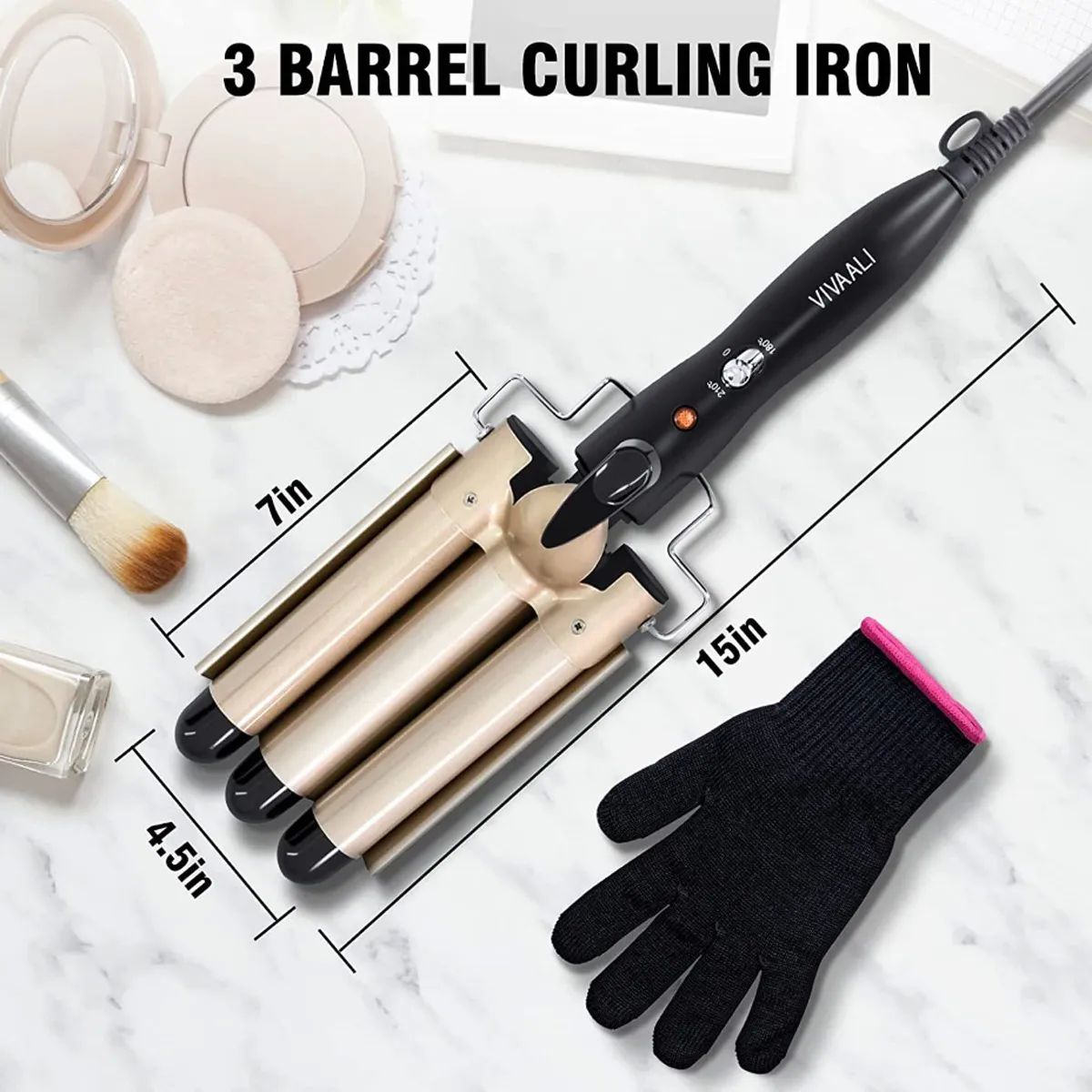 Plancha Rizadora Tenaza Cerámica Cabello 3 Barrel Rizos Dorada