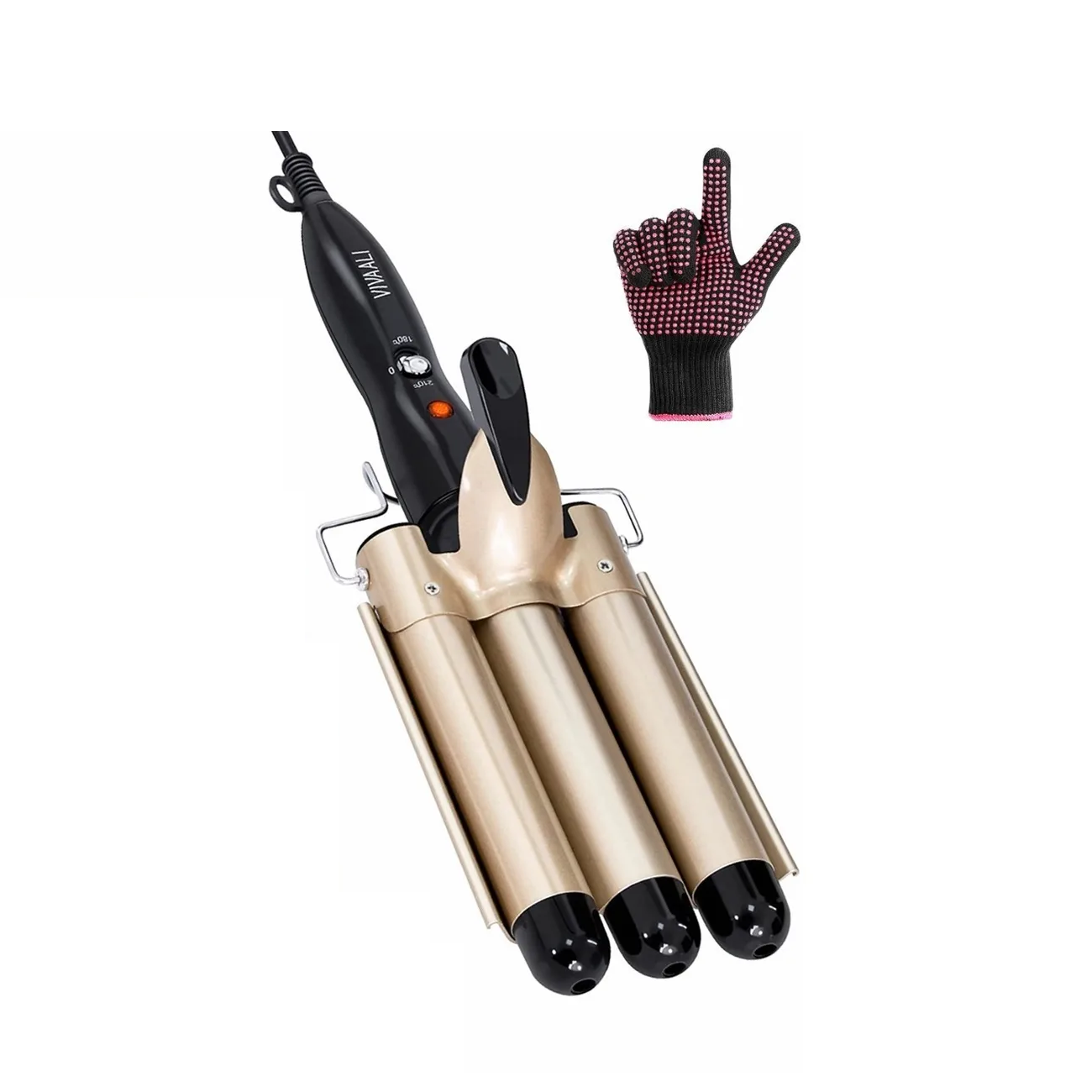 Plancha Rizadora Tenaza Cerámica Cabello 3 Barrel Rizos Dorada