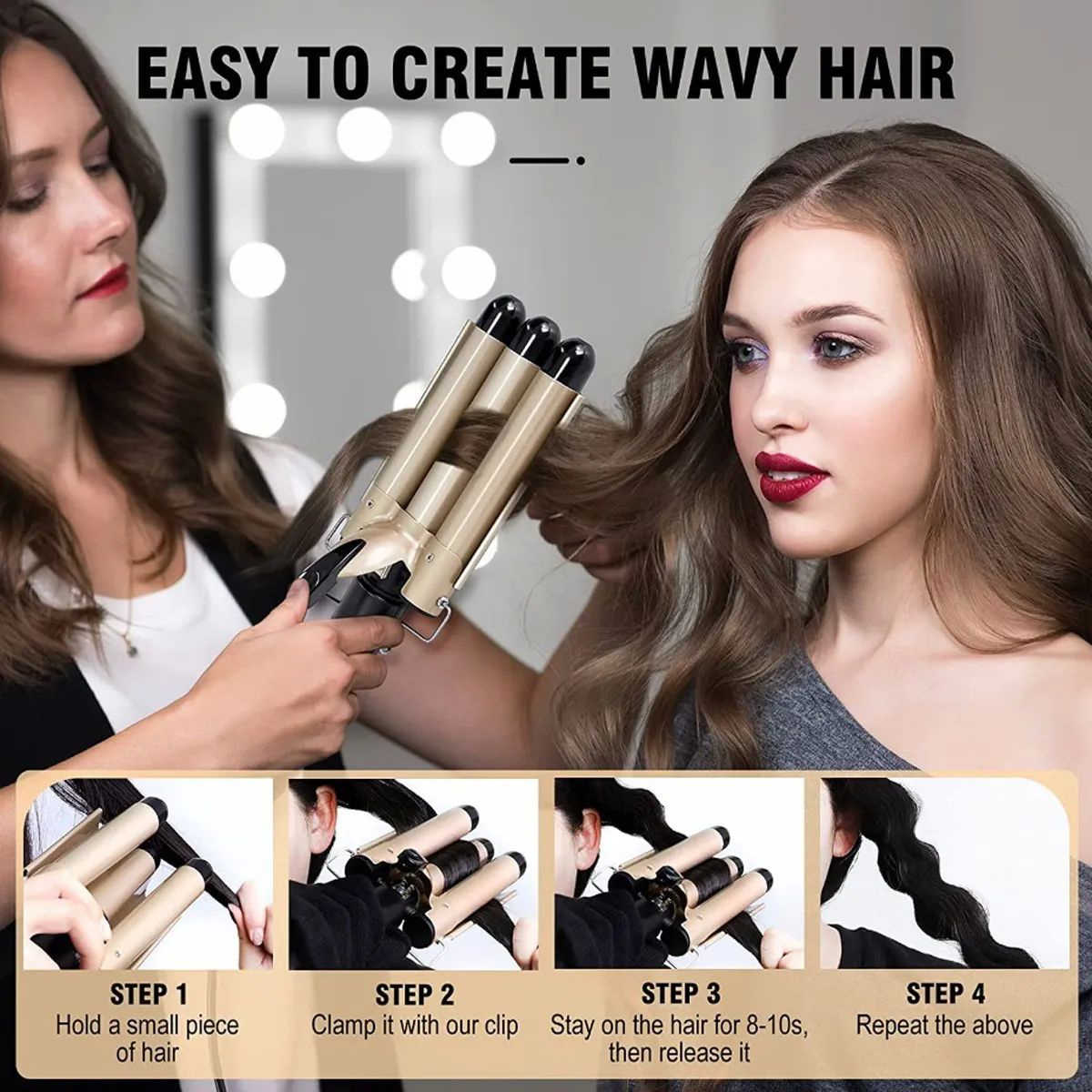 Plancha Rizadora Tenaza Cerámica Cabello 3 Barrel Rizos Dorada