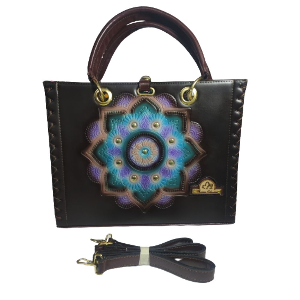 Bolsa Cuadrada para Mujer De Piel Hecha Mano Artesanal Mándala Color Café