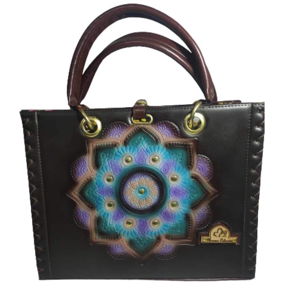 Bolsa Cuadrada para Mujer De Piel Hecha Mano Artesanal Mándala Color Café