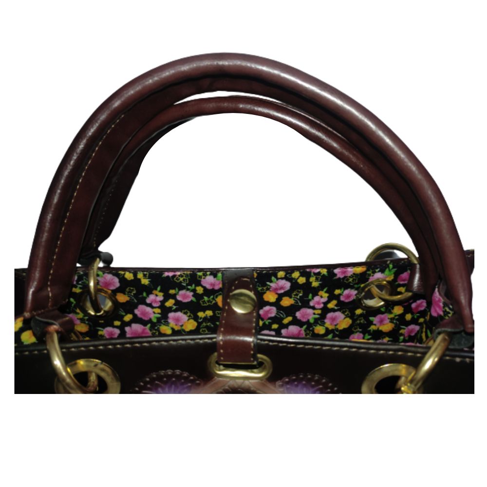 Bolsa Cuadrada para Mujer De Piel Hecha Mano Artesanal Mándala Color Café