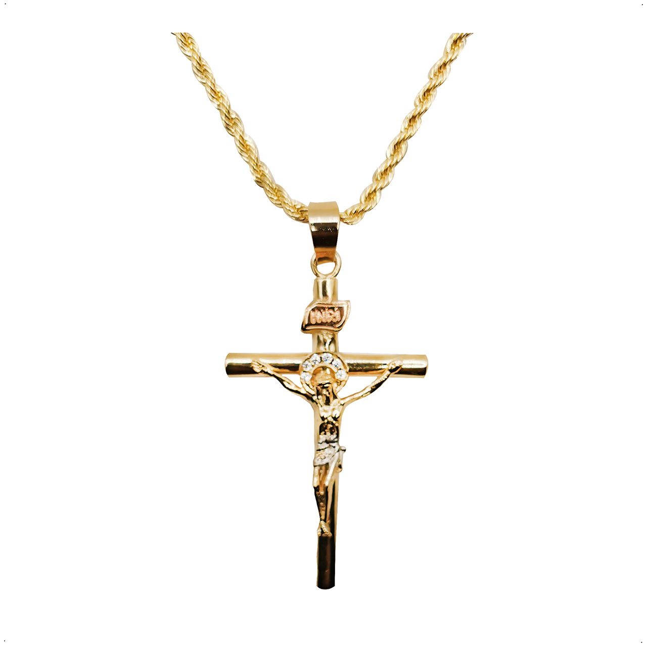 Dije Cruz Cristo Con Zirconia + Cadena Torzal Chapa De Oro de 18K Silver & Gold 