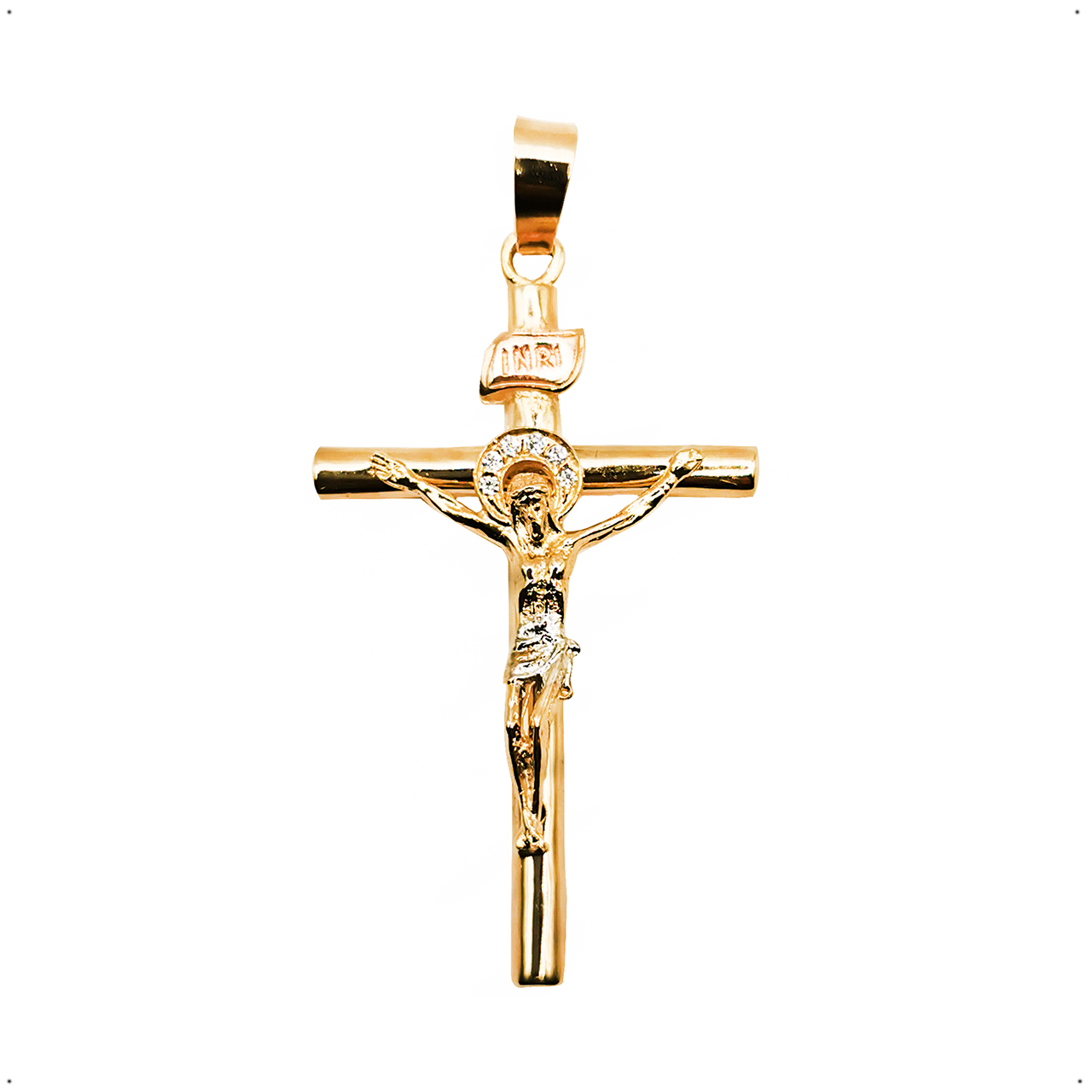 Dije Cruz Cristo Con Zirconia + Cadena Torzal Chapa De Oro de 18K Silver & Gold 